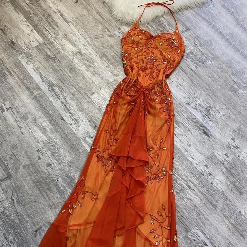 Msikoods Elegant Chiffon Spaghetti Straps Beaded Prom Dress Women Customized Mermaid Tulle Party Dresses Sequins Evening Dress