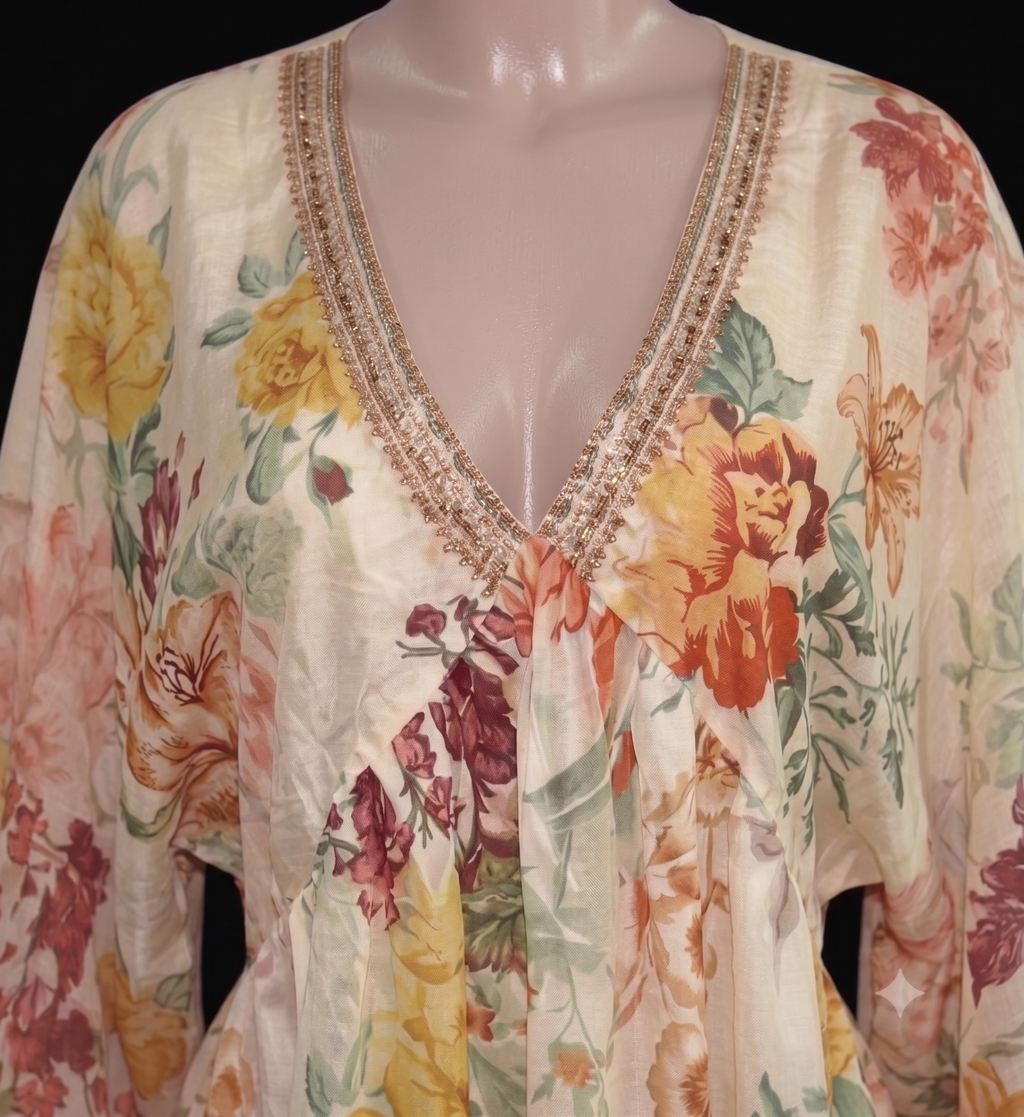A cream-colored floral long-sleeve top with a V-neckline, featuring yellow, orange, and red flowers with green leaves and a gold embroidered trim, displayed on a mannequin.
