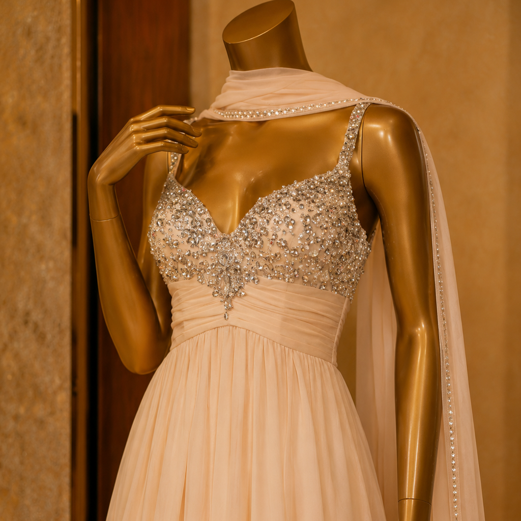 Beige evening gown with intricate detailing on a mannequin against a beige background