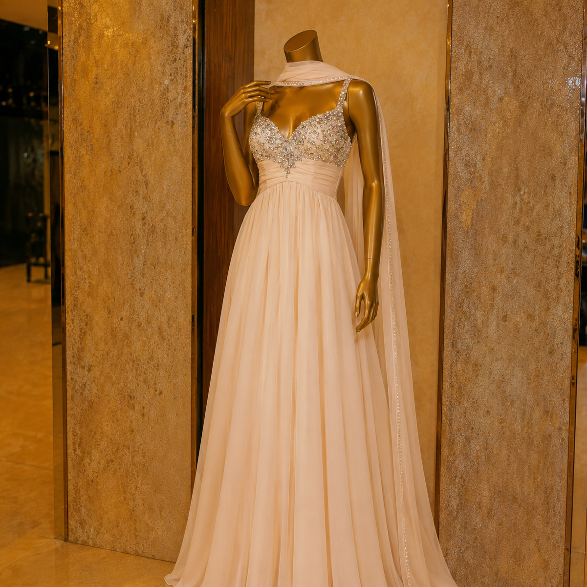 Beige evening gown with intricate top on a mannequin against a beige wall.