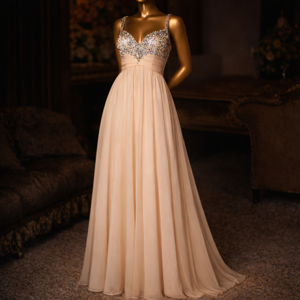 Beige evening gown with sparkling bodice on a mannequin against a dark background