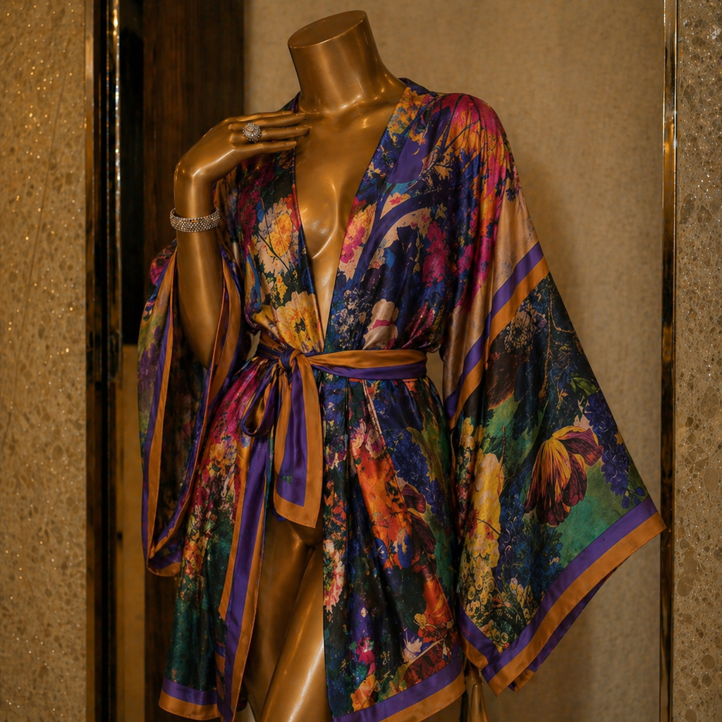 Colorful patterned robe on a gold mannequin against a textured wall.