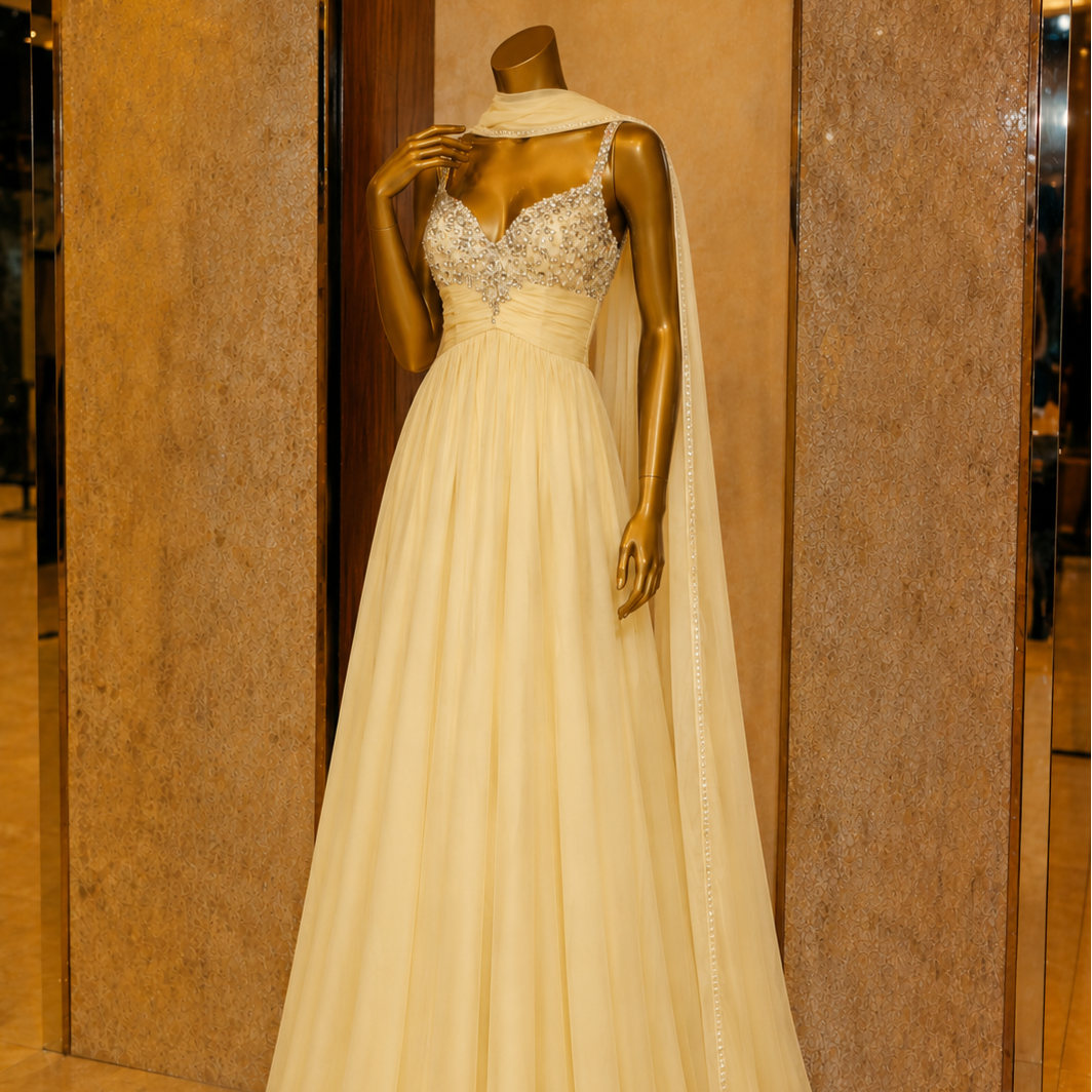 Elegant evening gown on a mannequin against a beige wall.