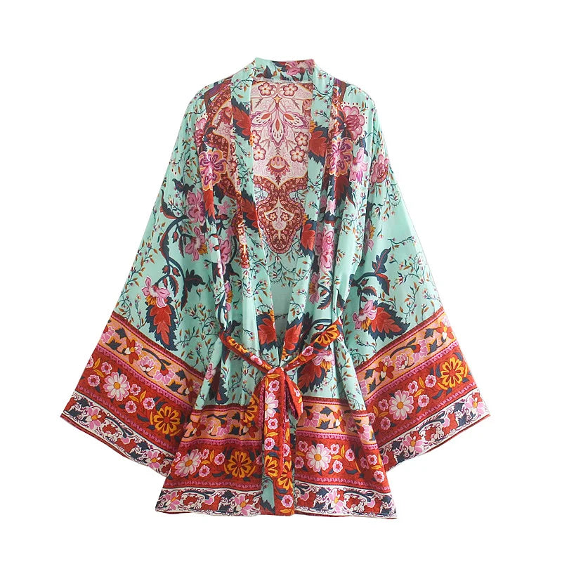 Vintage Peacock Floral Print Sashes Bohemian Kimono Women  V Neck Batwing Sleeves Happie Short Robe Boho Bikini Cover-ups