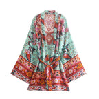 Vintage Peacock Floral Print Sashes Bohemian Kimono Women  V Neck Batwing Sleeves Happie Short Robe Boho Bikini Cover-ups