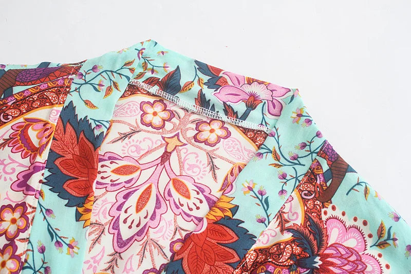Vintage Peacock Floral Print Sashes Bohemian Kimono Women  V Neck Batwing Sleeves Happie Short Robe Boho Bikini Cover-ups