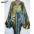 Deep v neck Sexy bech Europe Summer silk feeling Bohemian print 2022 WINYI Maxi women's robes long beach V-neck Bohemian dress