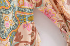 Vintage Peacock Floral Print Sashes Bohemian Kimono Women  V Neck Batwing Sleeves Happie Short Robe Boho Bikini Cover-ups