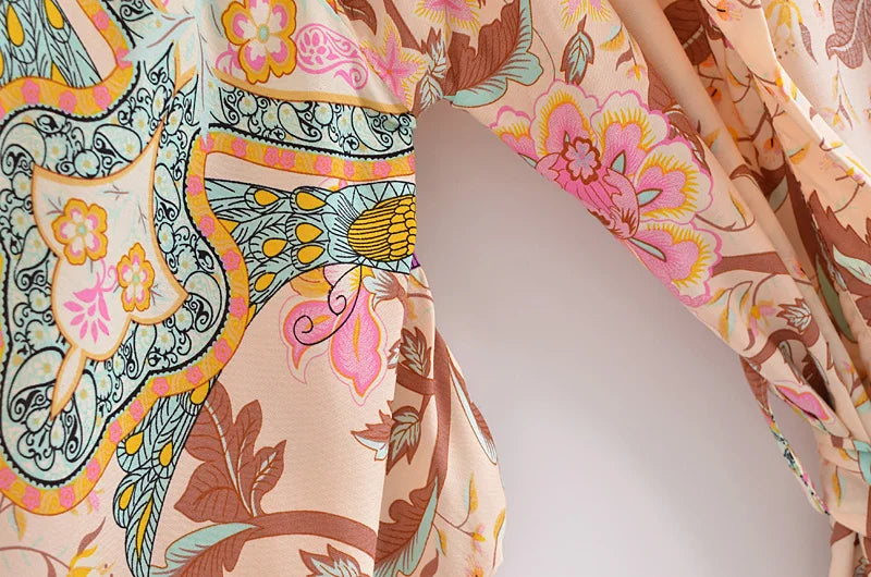 Vintage Peacock Floral Print Sashes Bohemian Kimono Women  V Neck Batwing Sleeves Happie Short Robe Boho Bikini Cover-ups