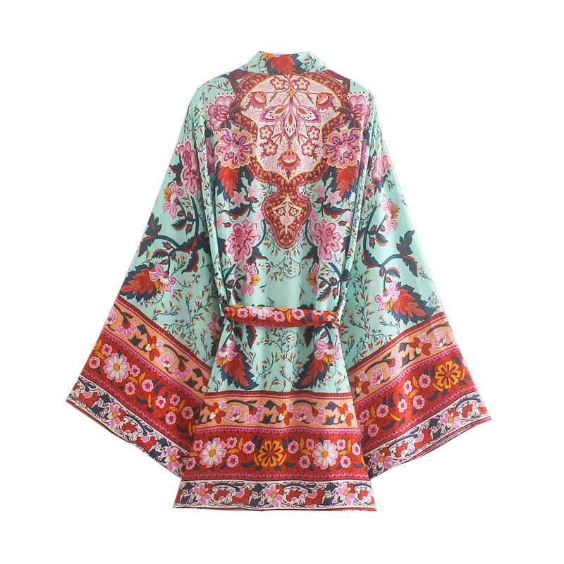 Vintage Peacock Floral Print Sashes Bohemian Kimono Women  V Neck Batwing Sleeves Happie Short Robe Boho Bikini Cover-ups