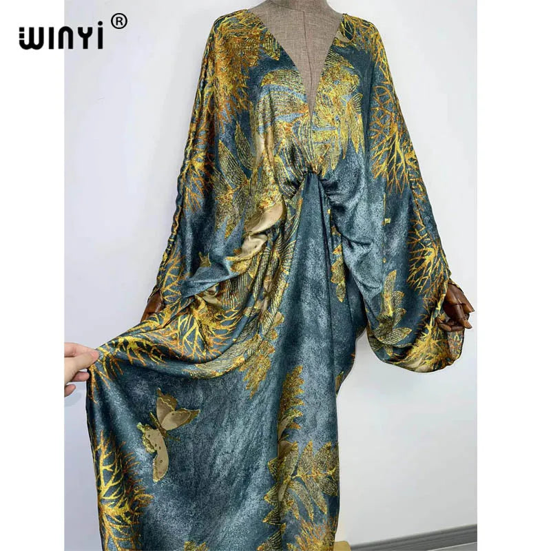 Deep v neck Sexy bech Europe Summer silk feeling Bohemian print 2022 WINYI Maxi women's robes long beach V-neck Bohemian dress