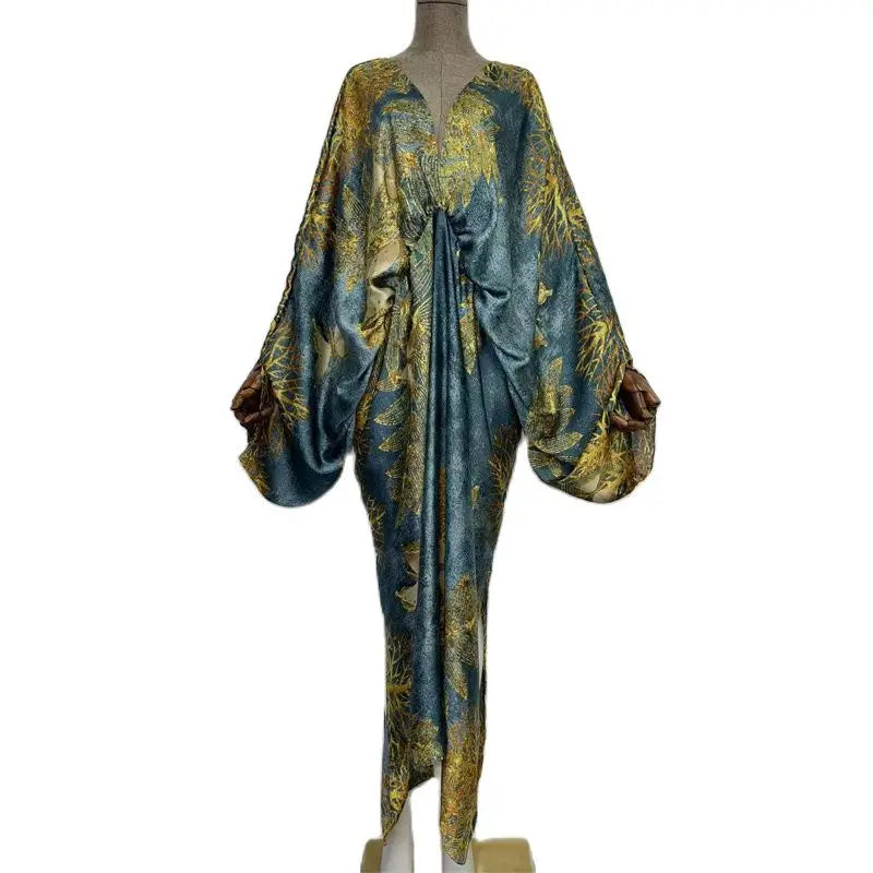 Deep v neck Sexy bech Europe Summer silk feeling Bohemian print 2022 WINYI Maxi women's robes long beach V-neck Bohemian dress
