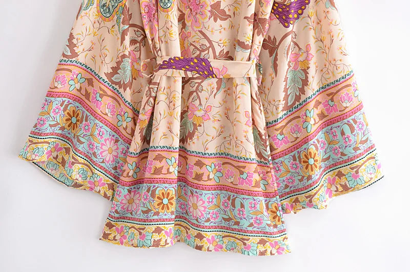 Vintage Peacock Floral Print Sashes Bohemian Kimono Women  V Neck Batwing Sleeves Happie Short Robe Boho Bikini Cover-ups