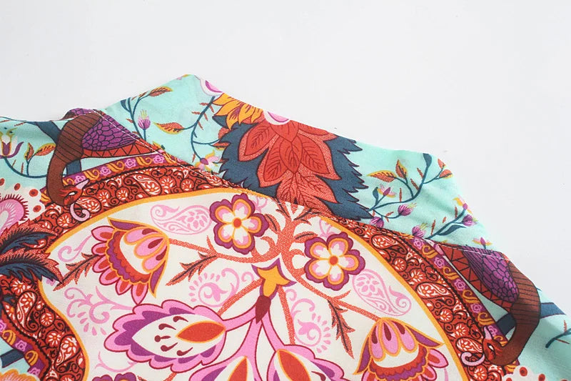 Vintage Peacock Floral Print Sashes Bohemian Kimono Women  V Neck Batwing Sleeves Happie Short Robe Boho Bikini Cover-ups