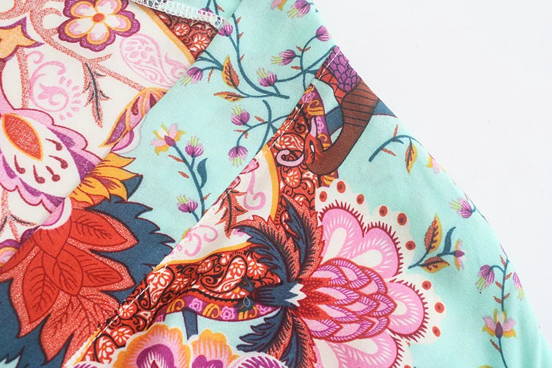 Vintage Peacock Floral Print Sashes Bohemian Kimono Women  V Neck Batwing Sleeves Happie Short Robe Boho Bikini Cover-ups