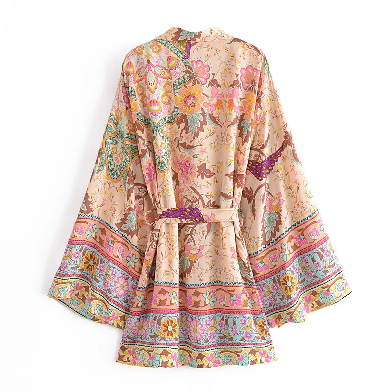 Vintage Peacock Floral Print Sashes Bohemian Kimono Women  V Neck Batwing Sleeves Happie Short Robe Boho Bikini Cover-ups