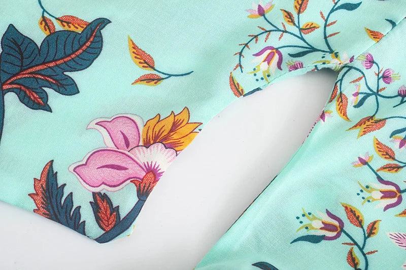 Vintage Peacock Floral Print Sashes Bohemian Kimono Women  V Neck Batwing Sleeves Happie Short Robe Boho Bikini Cover-ups