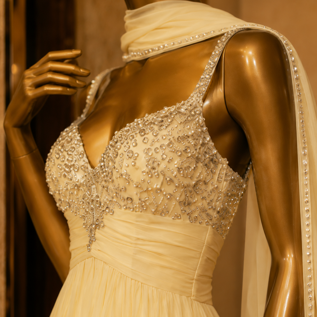 Mannequin wearing a beige evening gown with intricate detailing