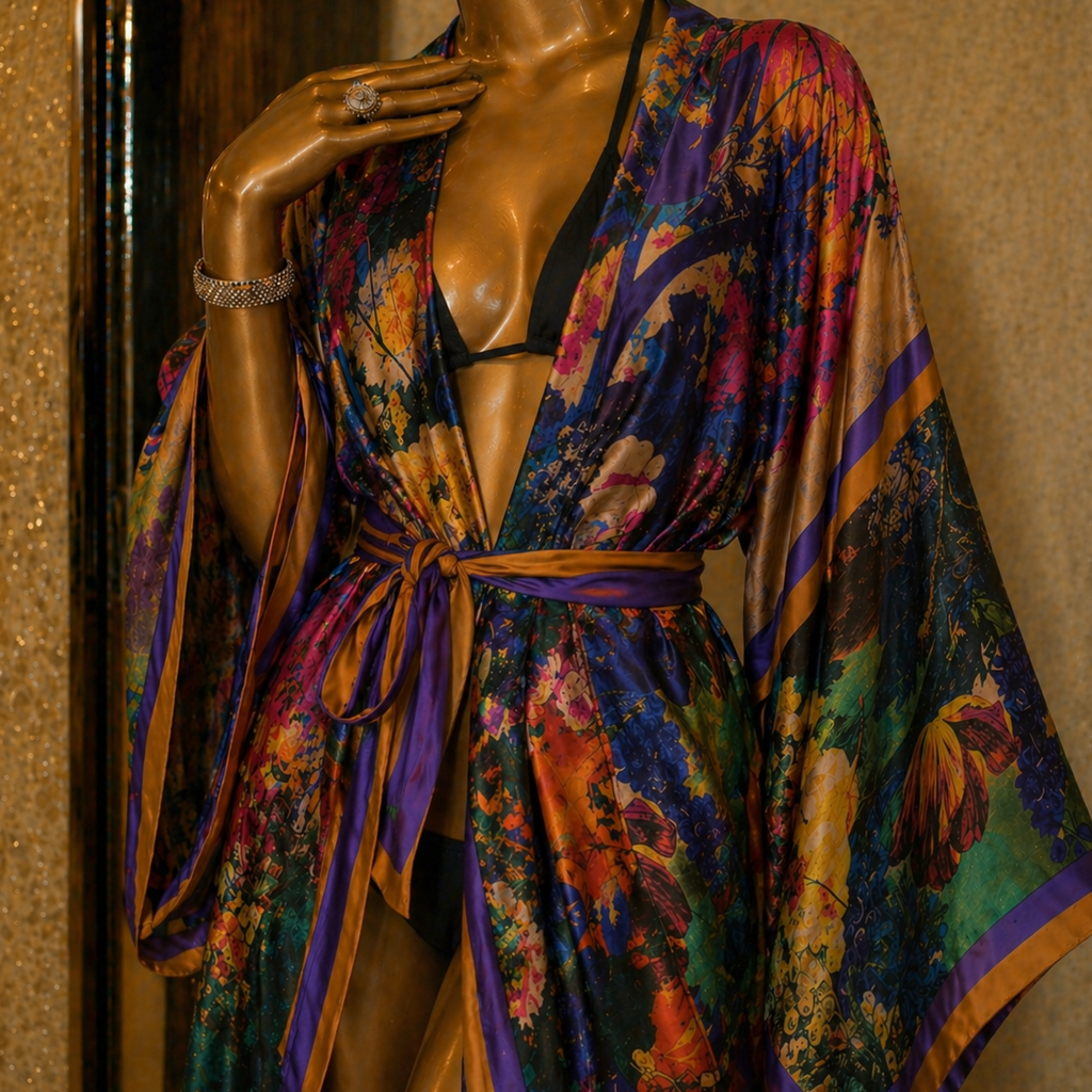 Mannequin wearing a colorful floral dress against a gold background
