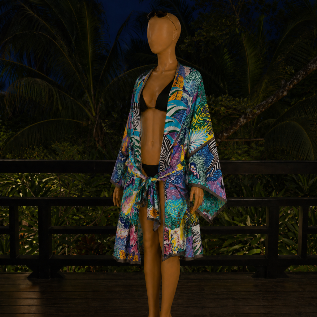 Mannequin wearing a colorful kimono-style garment with a tropical background