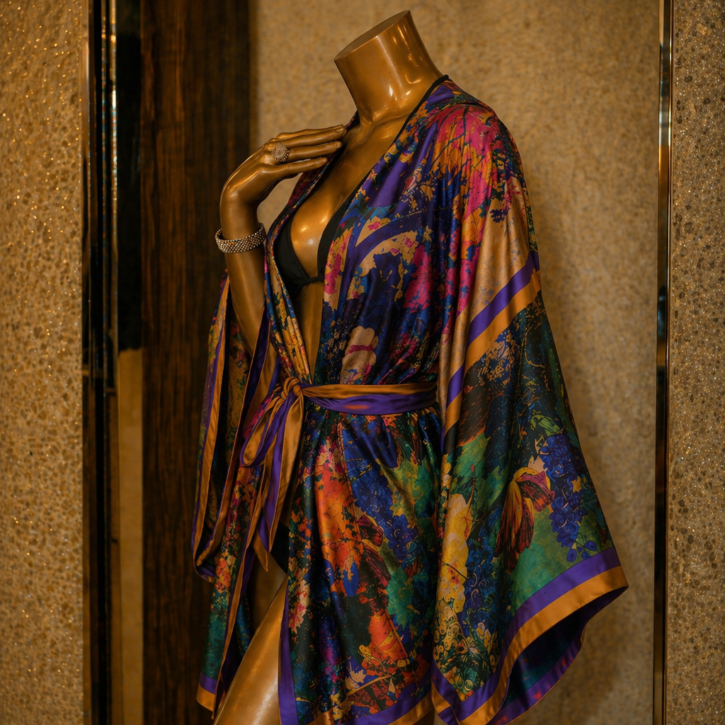 Mannequin wearing a colorful, patterned dress against a textured wall.