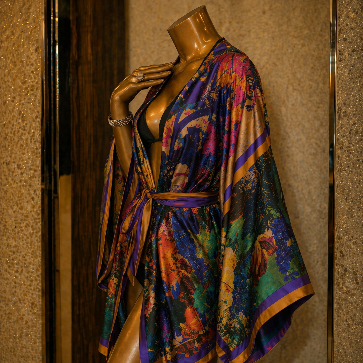 Mannequin wearing a colorful, patterned dress against a textured wall.
