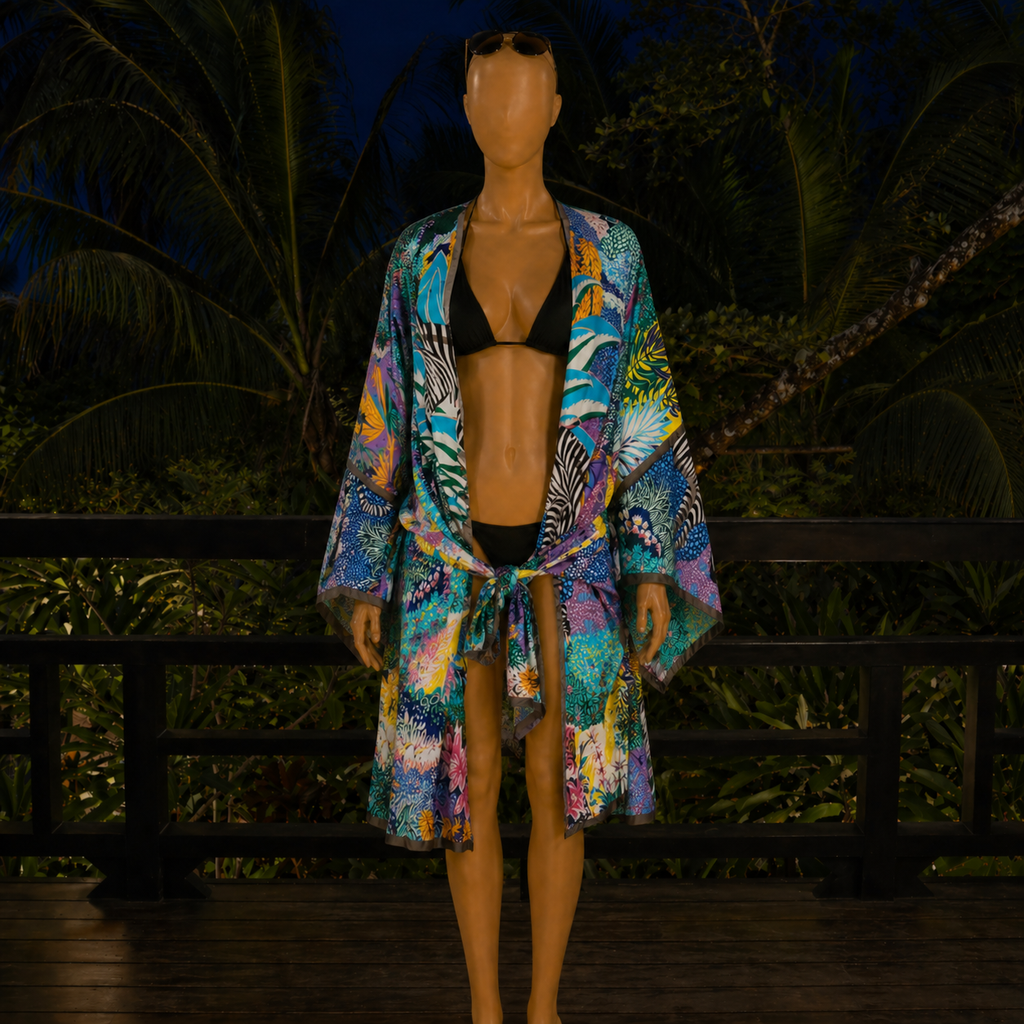 Mannequin wearing a colorful robe over a black bikini set with a tropical background.