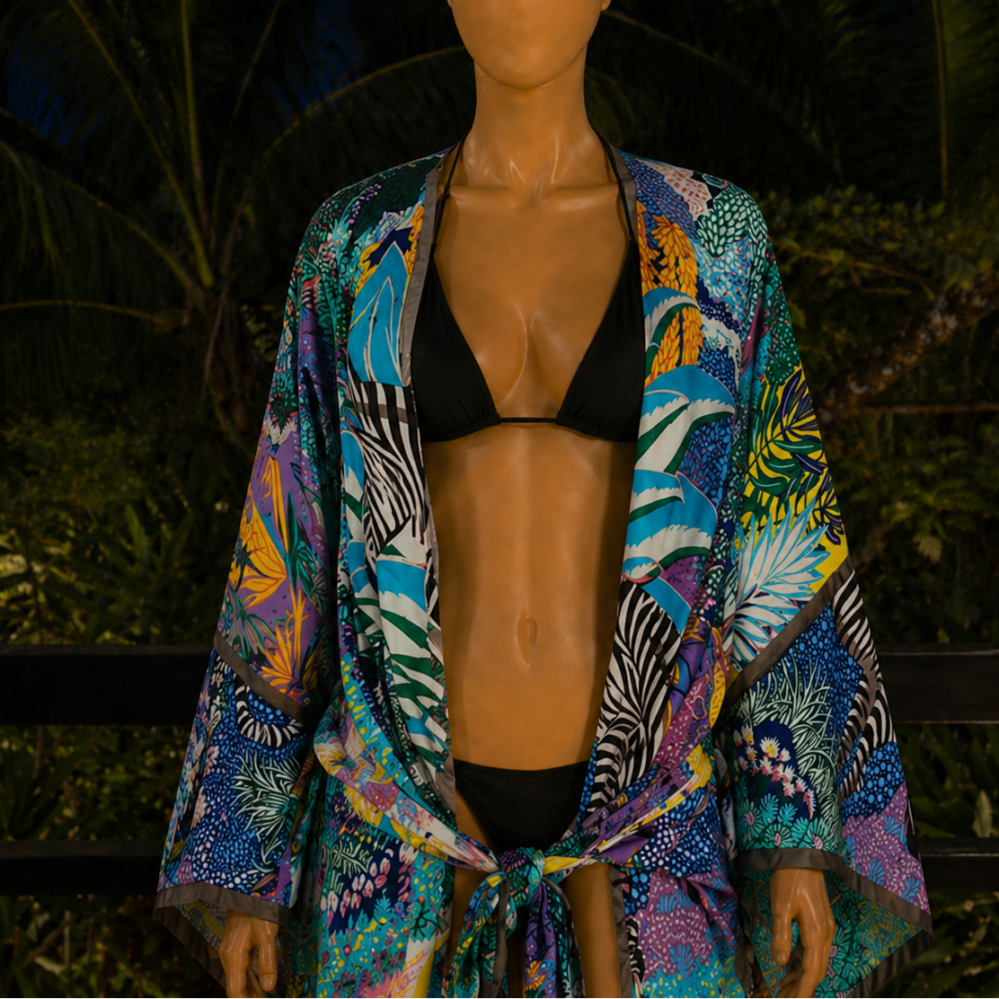 Mannequin wearing a colorful robe with tropical patterns against a dark background