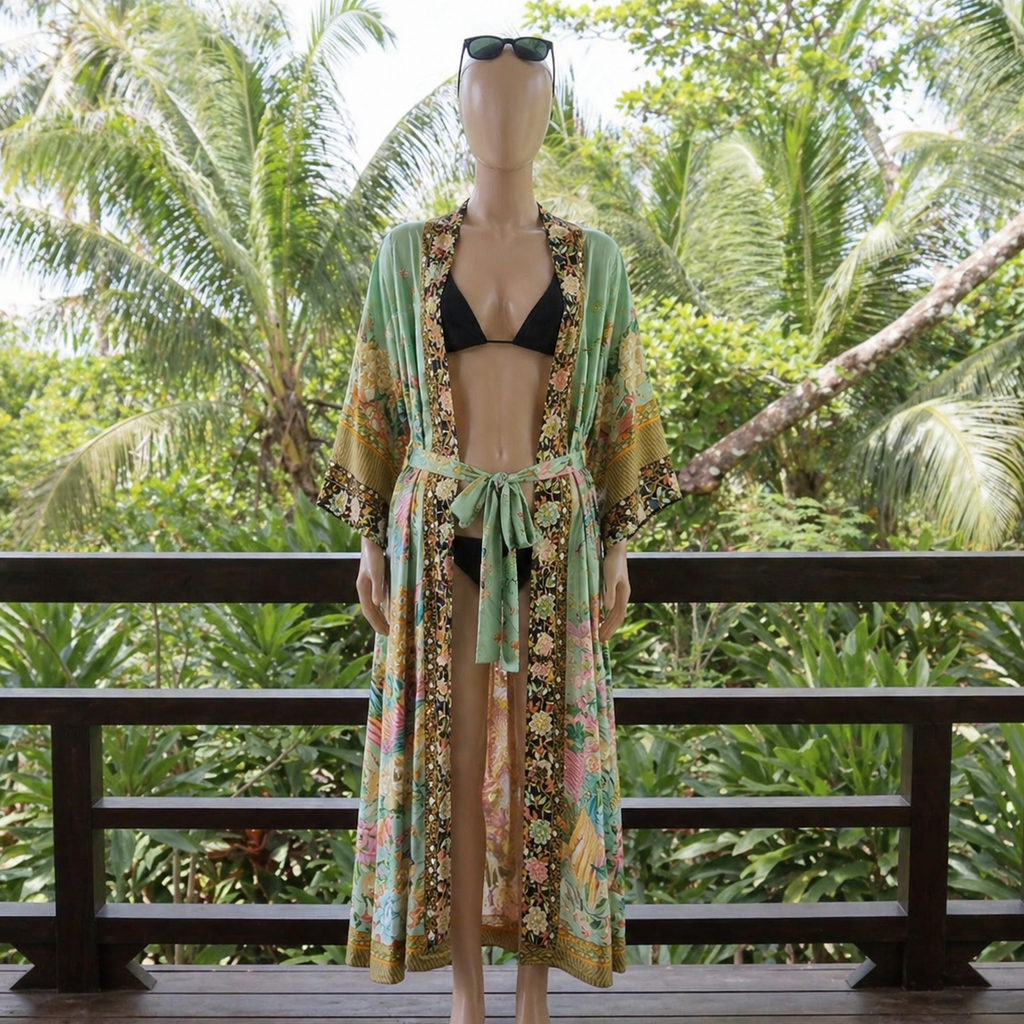 Mannequin wearing a floral kimono and black bikini top on a wooden deck with greenery in the background