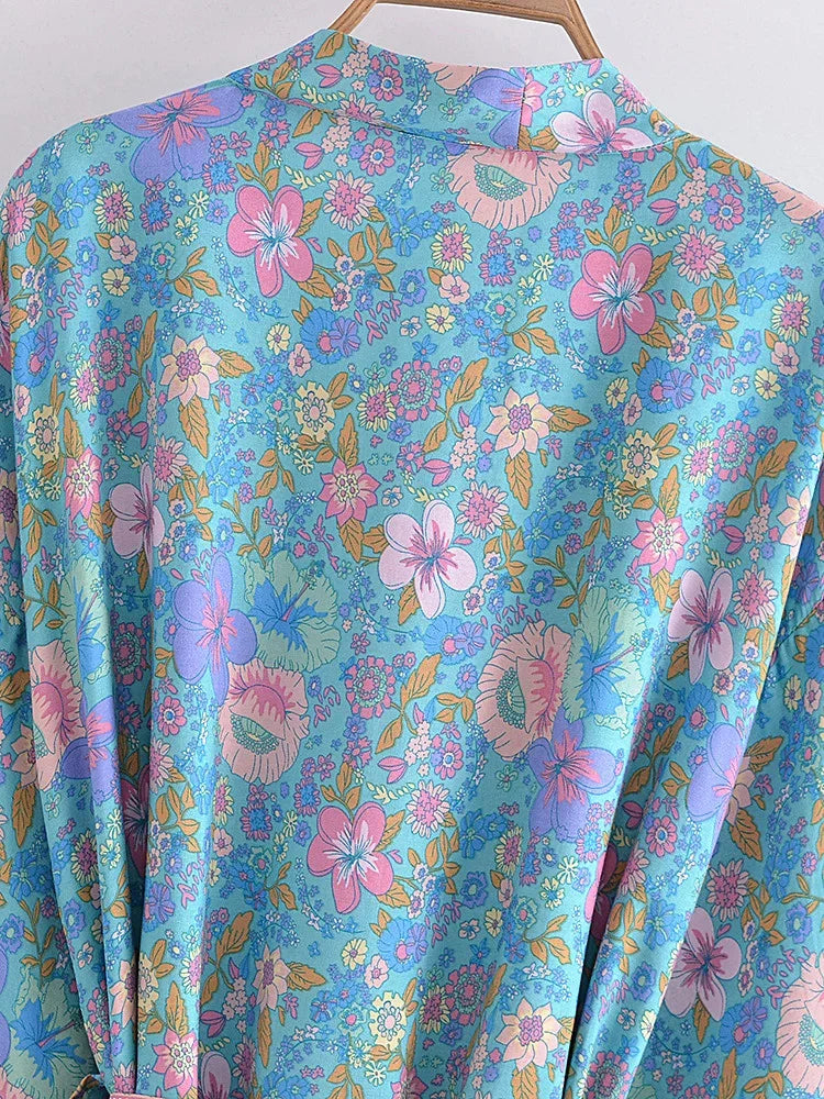 Boho Queens Floral Print Sashes Bohemian Kimono Women  V Neck Batwing Sleeves Short Robe Vacation Beach Bikini Cover-ups