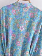 Boho Queens Floral Print Sashes Bohemian Kimono Women  V Neck Batwing Sleeves Short Robe Vacation Beach Bikini Cover-ups