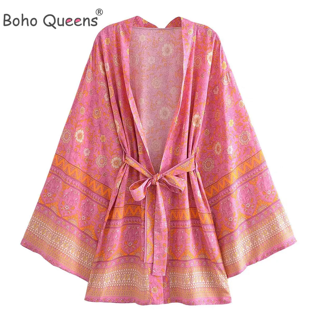 Boho Queens Vintage Pink Floral Print Rayon Cotton Women Bohemian Kimono Happie V Neck Batwing Sleeve Short Robe Bikini Cover-up
