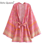 Boho Queens Vintage Pink Floral Print Rayon Cotton Women Bohemian Kimono Happie V Neck Batwing Sleeve Short Robe Bikini Cover-up