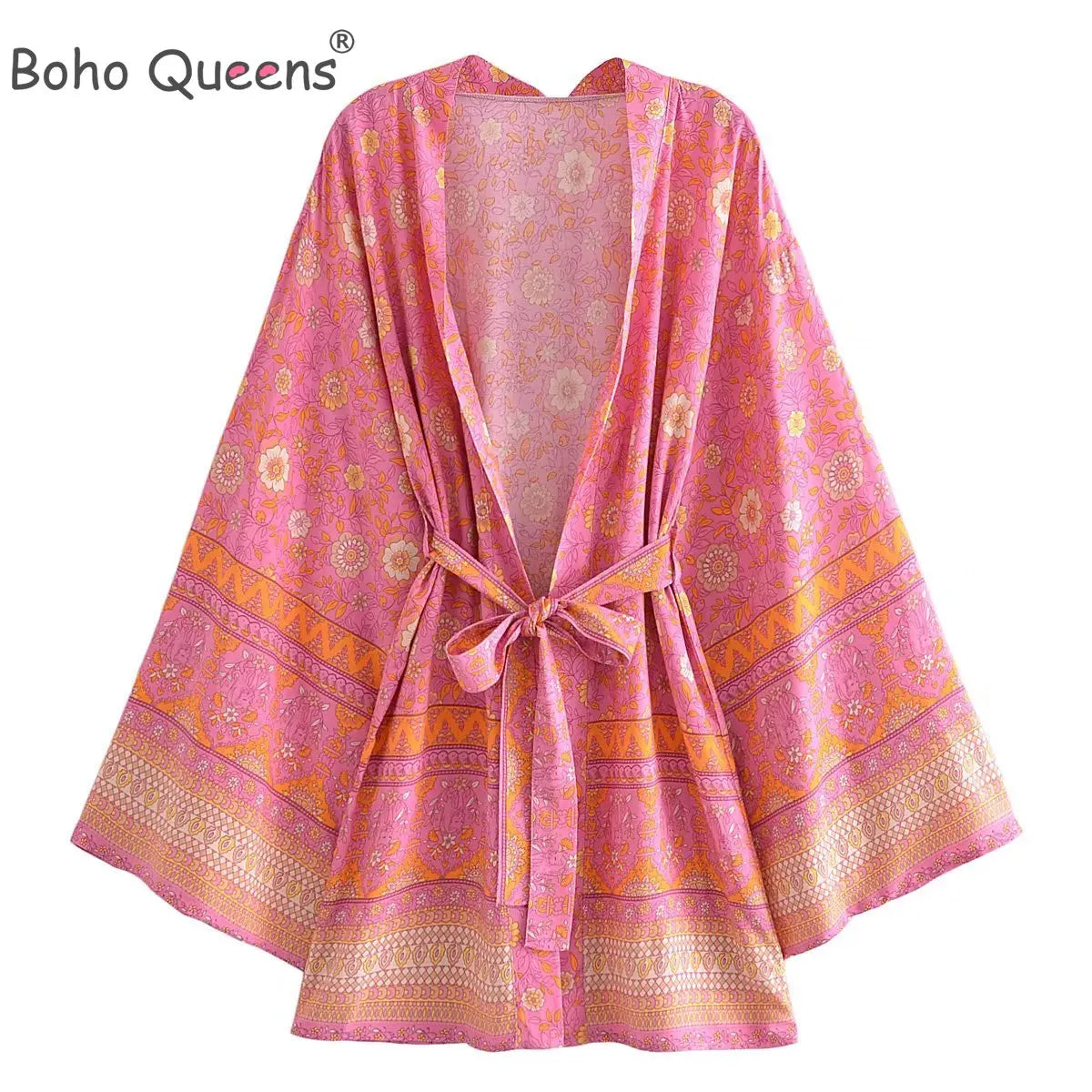 Boho Queens Vintage Pink Floral Print Rayon Cotton Women Bohemian Kimono Happie V Neck Batwing Sleeve Short Robe Bikini Cover-up