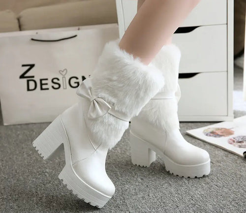 2024 Winter New High Heels Snow Boots Lolita Sweet Bow Women's Warm Snow Boots Girls Student Fluffy Kawaii Mid-calf Ladies Boots