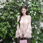 Exue Floral Print Chiffon Shirt Women's Summer Lightweight Loose Fit Long Sleeve V-Neck Breathable Gentle Vintage Top