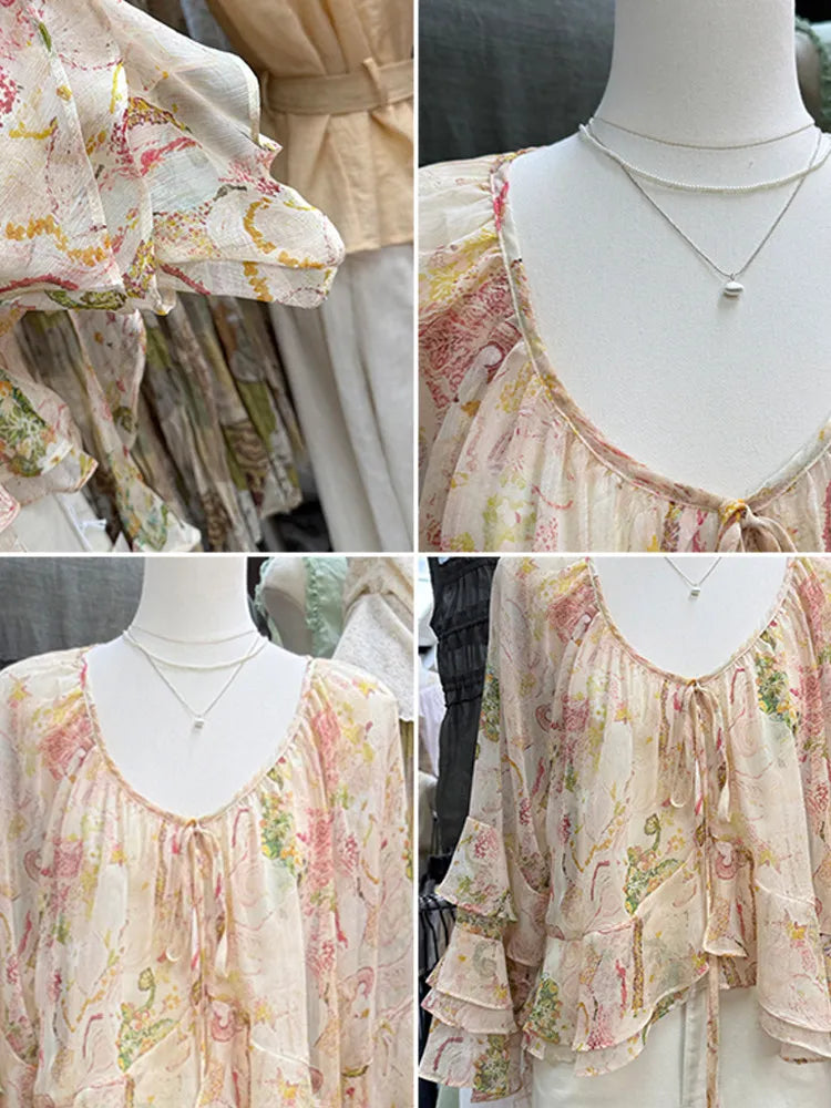 Spring Summer Women V Neck Bow Floral Pattern Ruffles Flare Sleeve Chiffon Top Shirt , Woman Fashion French Style Tops Shirts