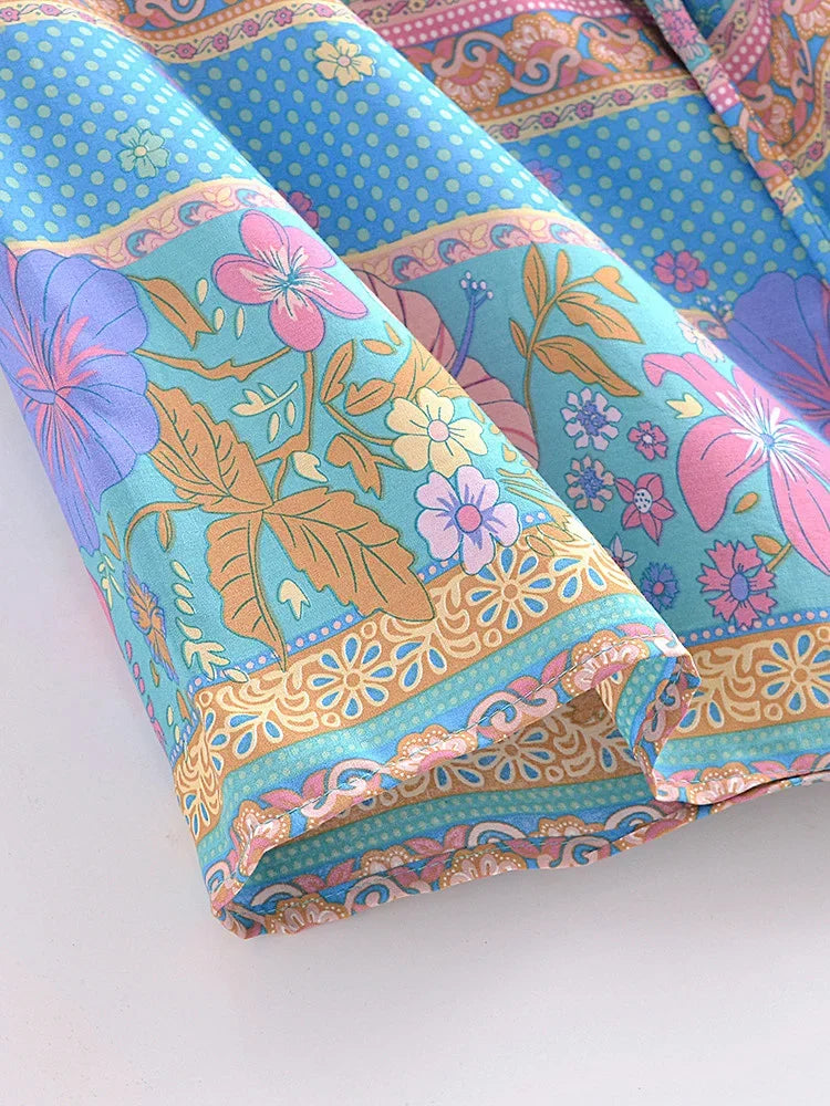Boho Queens Floral Print Sashes Bohemian Kimono Women  V Neck Batwing Sleeves Short Robe Vacation Beach Bikini Cover-ups