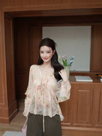 Exue Floral Print Chiffon Shirt Women's Summer Lightweight Loose Fit Long Sleeve V-Neck Breathable Gentle Vintage Top