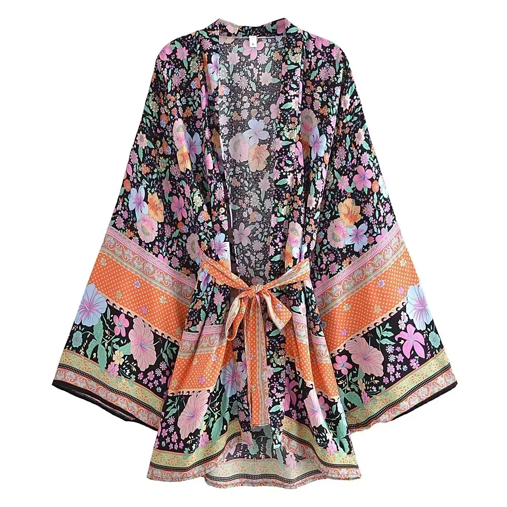 Boho Queens Floral Print Sashes Bohemian Kimono Women  V Neck Batwing Sleeves Short Robe Vacation Beach Bikini Cover-ups
