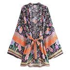 Boho Queens Floral Print Sashes Bohemian Kimono Women  V Neck Batwing Sleeves Short Robe Vacation Beach Bikini Cover-ups