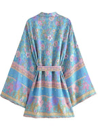 Boho Queens Floral Print Sashes Bohemian Kimono Women  V Neck Batwing Sleeves Short Robe Vacation Beach Bikini Cover-ups