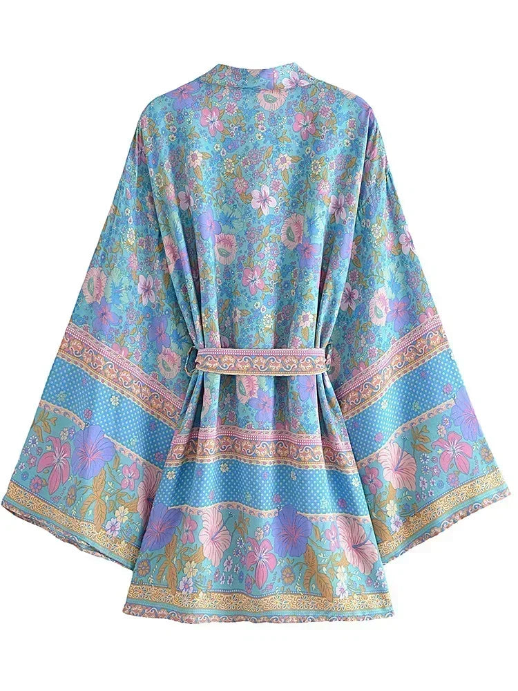 Boho Queens Floral Print Sashes Bohemian Kimono Women  V Neck Batwing Sleeves Short Robe Vacation Beach Bikini Cover-ups