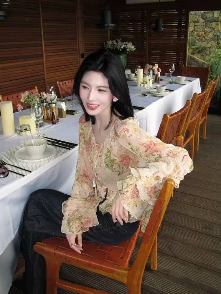 Spring Summer Women V Neck Bow Floral Pattern Ruffles Flare Sleeve Chiffon Top Shirt , Woman Fashion French Style Tops Shirts