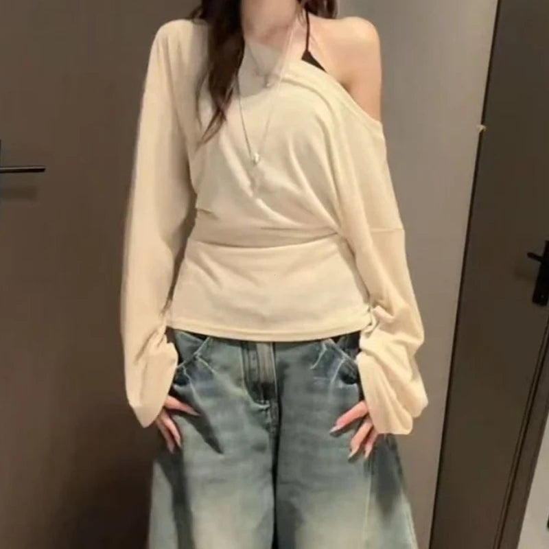 See Through Long sleeve Oversize T shirt Women Sexy Back Bandage Off shoulder Top Female Basic Long Tees Korean Chic Lady New