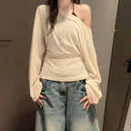 See Through Long sleeve Oversize T shirt Women Sexy Back Bandage Off shoulder Top Female Basic Long Tees Korean Chic Lady New