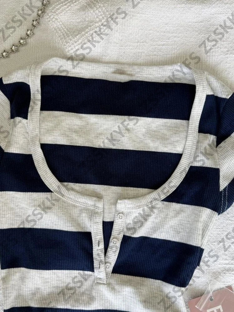 Vintage Fashion Blue Stripe Hot Girl Tshirts Y2k 2000s Female Clothing Summer Short sleeved Button V-neck T shirts Himekaji Tees