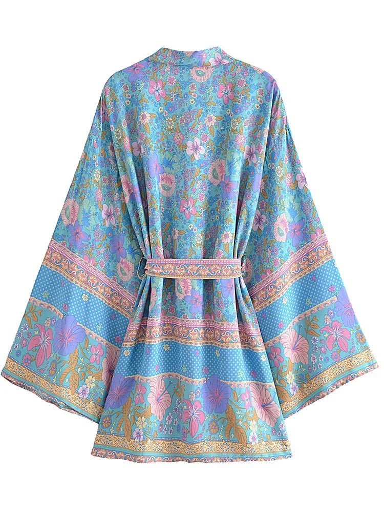 Boho Queens Floral Print Sashes Bohemian Kimono Women  V Neck Batwing Sleeves Short Robe Vacation Beach Bikini Cover-ups
