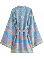 Boho Queens Floral Print Sashes Bohemian Kimono Women  V Neck Batwing Sleeves Short Robe Vacation Beach Bikini Cover-ups