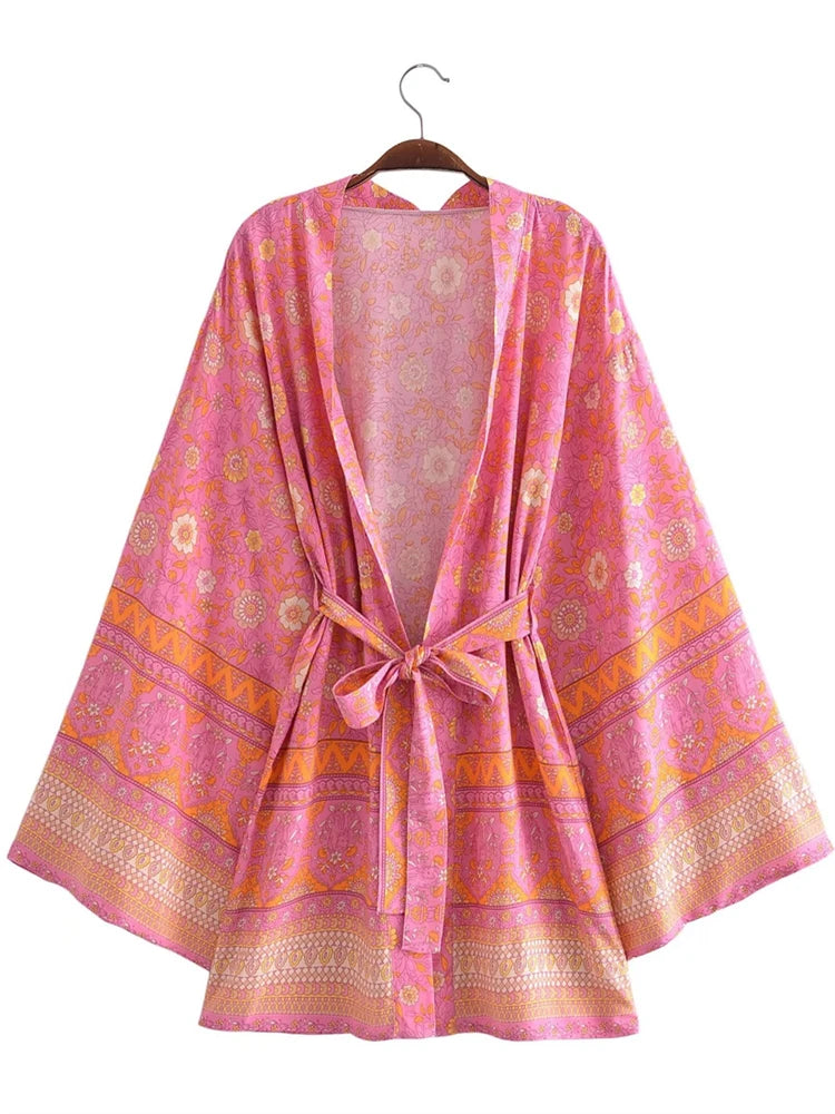 Boho Queens Vintage Pink Floral Print Rayon Cotton Women Bohemian Kimono Happie V Neck Batwing Sleeve Short Robe Bikini Cover-up
